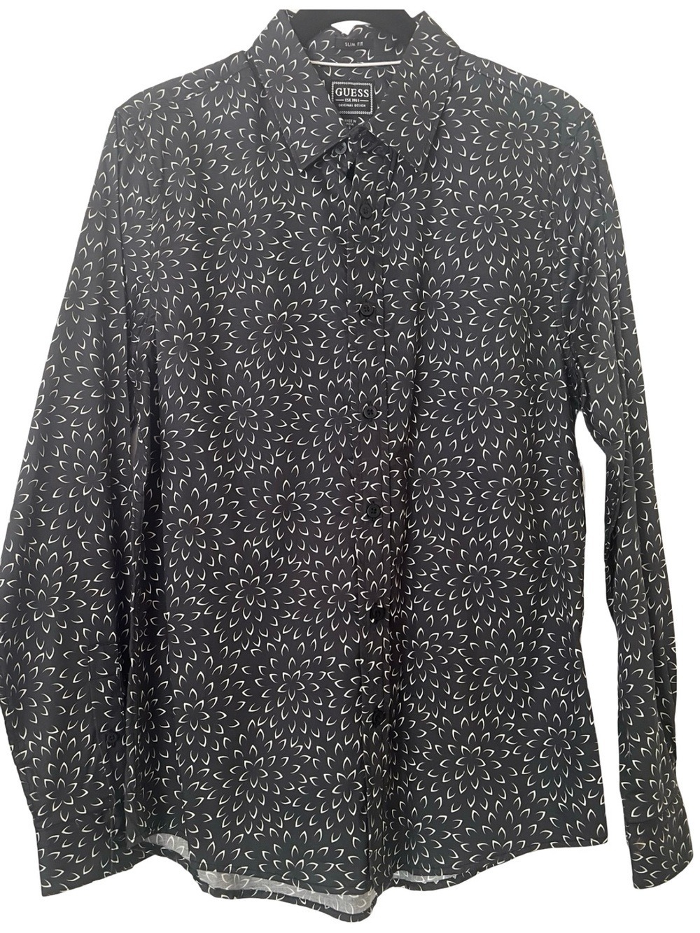 NWT Guess Luxe Detached Flower Shirt Jet Black Floral Print Slim Fit S